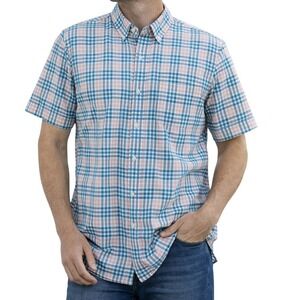 Lands' End Button Down Shirt Mens XXL Blue Peach Plaid No Iron Short Sleeve